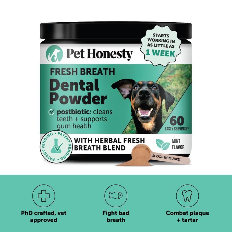 Pet Honesty Dental Powder, Breath Freshener and Teeth Cleaning Dental Care for Dogs, Plaque Tartar Remover with Postbiotic - 30 Scoops