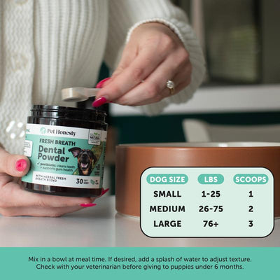 Pet Honesty Dental Powder, Breath Freshener and Teeth Cleaning Dental Care for Dogs, Plaque Tartar Remover with Postbiotic - 30 Scoops